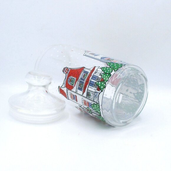 Holiday Village Scene Clear Glass Cookie Jar With Lid 10.5 Oz Snowfall Design - Picture 3 of 4